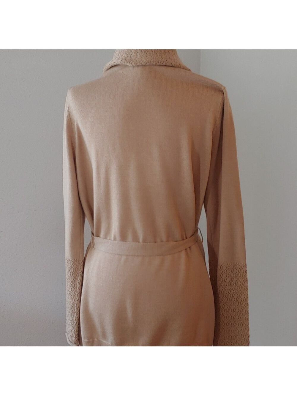 Calvin Klein Belted Wool Blend Wrap Cardigan Coat in Camel Tan Women's Large - Picture 9 of 16